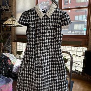 Alice + Olivia Black and White Tweed Dress with Pearl Collar